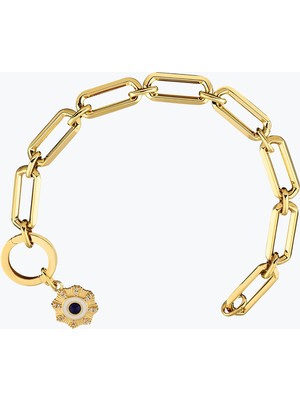 Goldium Jewellery Yuvarlak Lacivert Taşlı Çiçek Madalyon Charm Bileklik
