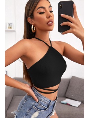 EkoAlışverişDünyam Kadın Siyah Sırtı Açık Boyundan Çapraz Bağlamalı Crop Top Bluz