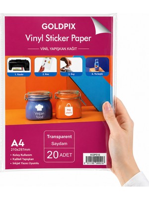 Goldpix A4 Şeffaf Sticker Kağıdı 20 Yaprak Inkjet Uyumlu Kendinden Yapışkanlı Sticker Paper