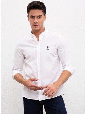U.S. Polo Assn. Slim Fit Düz Desenli Beyaz Erkek Gömlek Truvakar Kol Kumaş Tipi