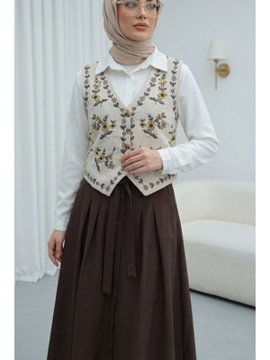 Moda Morfo Çiçek Nakışlı Düğmeli Yelek -Taş