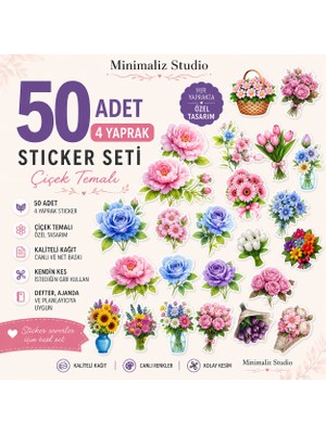 Minimaliz Studio 50 Adet Çiçek Sticker Seti 4 Yaprak – Pastel Çiçekler, Defter & Planner Sticker, Kolay Kesim, Kaliteli Kağıt