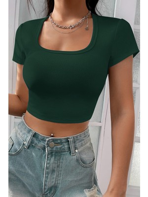 EkoAlışverişDünyam Kadın Yeşil Yarım Kol Düz Yaka Crop Top Bluz
