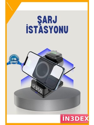 İn3dex 4'ü 1 Arada Kablosuz Şarj Istasyonu Dijital Saat LED
