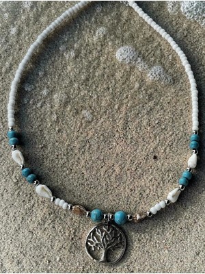 Amabel Jewelerys Yaşam Ağacı Midye Kabuğu ve Turkuvaz Boncuk Detaylı Kolye (Anneler Günü Özel Bileklik Hediyeli)