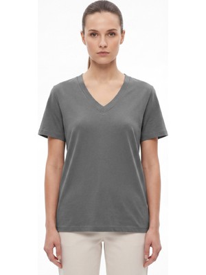 goffra Kadın Vision V Yaka Premium Kalite Yoğun Dokulu Pamuklu T-Shirt Koyu Gri W102-R0220-05