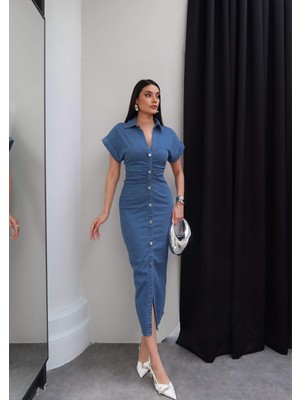 Esra Helvacı Beli Büzgülü Uzun Denim Elbise