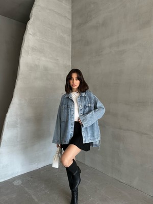 Esra Butik Açık Mavi Yıkamalı Oversize Kot Ceket Çift Cepli Salaş Denim Ceket