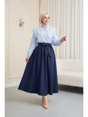 Moda Morfo Dantelli Geniş Yakalı Bağcıklı Kolu Lastikli Poplin Gömlek -Bebe Mavi