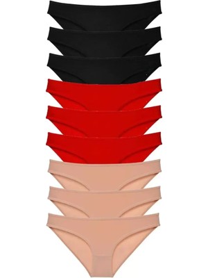 Herşey Trend Herşeytrend 9 Adet Süper Eko Set Likralı Kadın Slip Külot Siyah Kırmızı Ten Mudanis