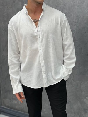 Modefendicom Krinkıl Kumaş Oversize Kesim Keten Gömlek