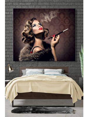 Şehzat Karetekli Kanvas Duvar Tablosu Modern Salon Yatak Odası Ofis Cafe Retro Sigara Içen Güzel Kadın