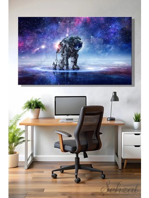 Şehzat Yatay Tekli Kanvas Duvar Tablosu Modern Salon Mutfak Yatak Odası Ofis Astronot Uzay Mavi Işıklar