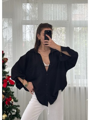 Prifaldi Yeni Sezon Pb Oversize Düğmeli Siyah Gömlek