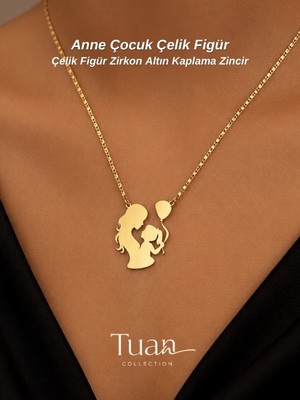 Tuan Collection Anne Çocuk Kolye Gold Çelik Zirkon Altın Kaplama Kolye Anneler Günü