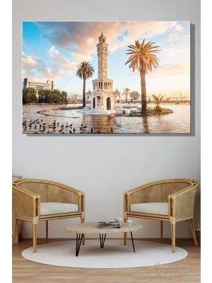 Şehzat Yatay Tekli Kanvas Duvar Tablosu Modern Salon Mutfak Yatak Odası Ofis Izmir Saat Kulesi Ege Kuşlar