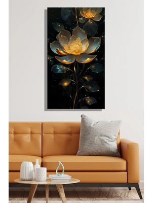 Şehzat Dikey Tekli Modern Kanvas Duvar Tablosu Salon Mutfak Yatak Odası Ofis 3D Gold Lotus Çiçek