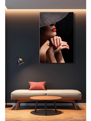 Şehzat Nü Şapkalı Kadın Dikey Tekli Kanvas Duvar Tablosu Modern Salon Yatak Odası Ofis Cafe