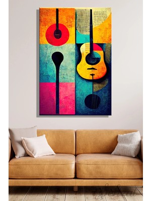 Şehzat Duvar Tablosu Modern Dikey Kanvas Tekli Salon Mutfak Yatak Odası Ofis Müzik Renkli Gitar Nota