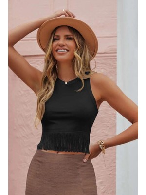 Bella Notte Siyah Saçaklı Viskon Crop Bluz