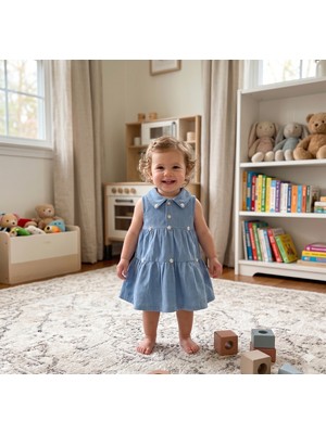 GENYBABY Kız Bebek Mavi Elbise Çiçek Detaylı Yakalı Yazlık Şık Bebek Elbisesi