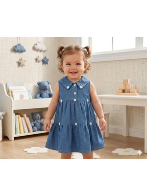 GENYBABY Kız Bebek Mavi Elbise Çiçek Detaylı Yakalı Yazlık Şık Bebek Elbisesi
