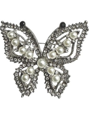 Cesicey Inci Detaylı Butterfly Broş Kristal Taşlı Gümüş Renk