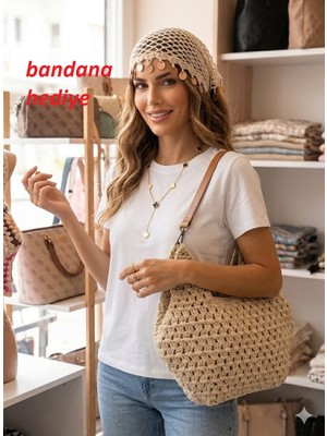 Linas Collection El Örgüsü Hasır Kusursuz Dokulu (Bandana Hediyeli) Omuz Çantası 40*25