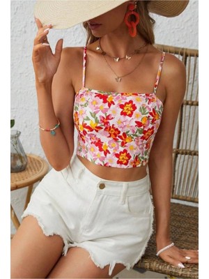 Bella Notte Retro Çiçek Baskılı Sırt Dekolteli Crop Bluz