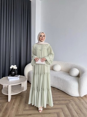 RFK Butik Kadın Fırfırlı Kat Kat Bağcık Detaylı Şifon Elbise - Yeşil