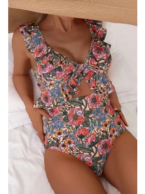 Bella Notte Vintage Çiçek Desenli Fırfır Askılı Ön Dekolteli Tek Parça Mayo