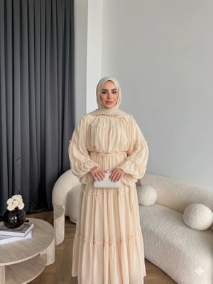 RFK Butik Kadın Fırfırlı Kat Kat Bağcık Detaylı Şifon Elbise - Pudra