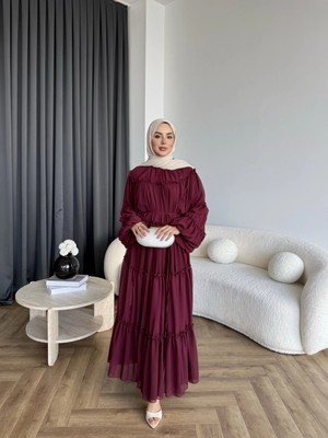 RFK Butik Kadın Fırfırlı Kat Kat Bağcık Detaylı Şifon Elbise - Bordo