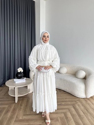 RFK Butik Kadın Fırfırlı Kat Kat Bağcık Detaylı Şifon Elbise - Ekru