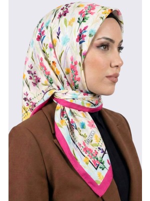 Hadiora Ekru Pembe Çiçek Desenli Organik Pamuk Soft Eşarp