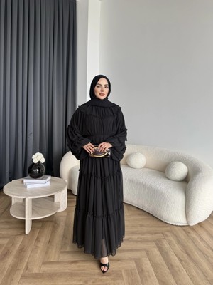 RFK Butik Kadın Fırfırlı Kat Kat Bağcık Detaylı Şifon Elbise - Siyah