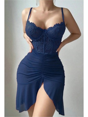 Bella Notte Kadın 2 Parça Uzun Gecelik Lacivert Polyester Önden Yırtmaçlı Rahat Tasarım