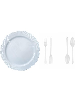 Omeyva 23 Cm. Plastik Mika Beyaz Sorfa Piknik Seti - 24 Kişilik Tabak Çatal Kaşık Takımı