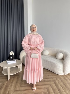 RFK Butik Kadın Fırfırlı Kat Kat Bağcık Detaylı Şifon Elbise - Pembe