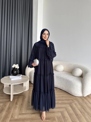RFK Butik Kadın Fırfırlı Kat Kat Bağcık Detaylı Şifon Elbise - Lacivert