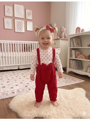 GENYBABY Kız Bebek Salopet Takım Kalpli Body Kırmızı Askılı Tulum Fiyonklu 3’lü Bebek Seti