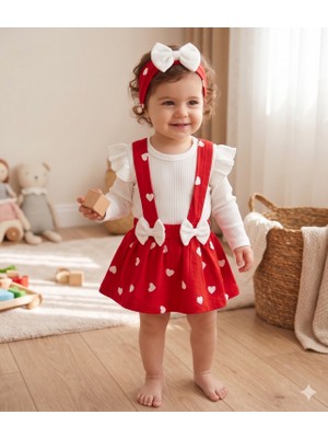 GENYBABY Kız Bebek Kalpli Elbise Takım Kırmızı Salopet Etekli Body Fiyonklu 3’lü Set