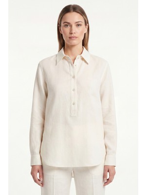 goffra Kadın Solo %100 Doğal Keten Gömlek - Klasik Yaka Basic Minimalist Tasarım Ekru W208-K0401-01