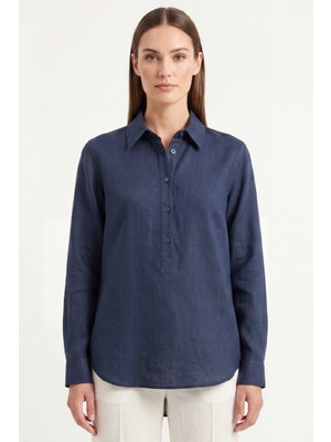 goffra Kadın Solo %100 Doğal Keten Gömlek - Klasik Yaka Basic Minimalist Tasarım Lacivert W208-K0401-03
