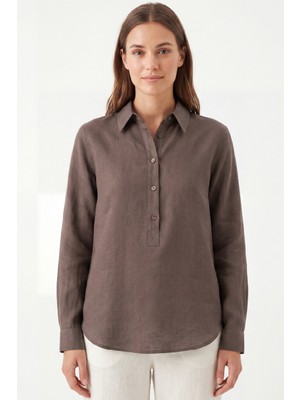 goffra Kadın Solo %100 Doğal Keten Gömlek - Klasik Yaka Basic Minimalist Tasarım Kahverengi W208-K0401-02