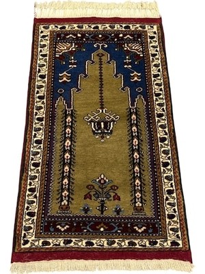 Burak Halı El Dokuma Sıfır Yahyalı Seccade 70X125 Yeşil Lacivert Kök Boya %100 Yün