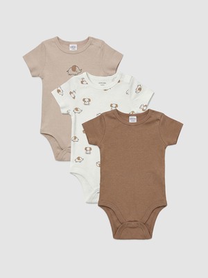 LC Waikiki Ekru Fil Baskılı Erkek Bebek Çıtçıtlı Body 3'lü