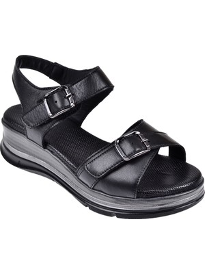 Floor Hakiki Deri Comfort Kadın Sandalet MAK-1906   Siyah
