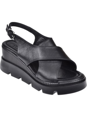 Floor Hakiki Deri Kalın Taban Kadın Sandalet MAK-2005   Siyah