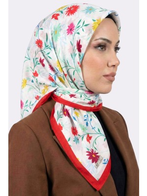 Hadiora Beyaz Kırmızı Çiçek Desenli Organik Pamuk Soft Eşarp